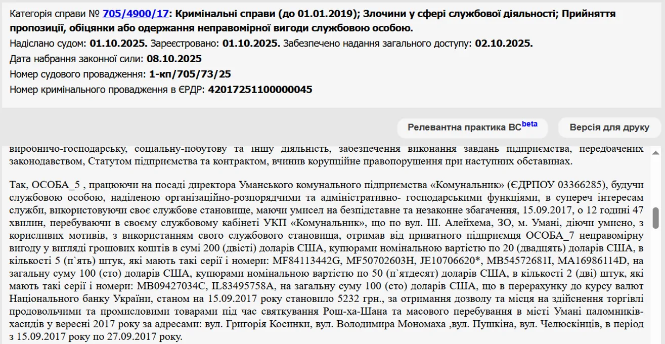 Суд закрив кримінальне провадження щодо ексочільника КП «Комунальник». Скриншот: реєстр судових рішень