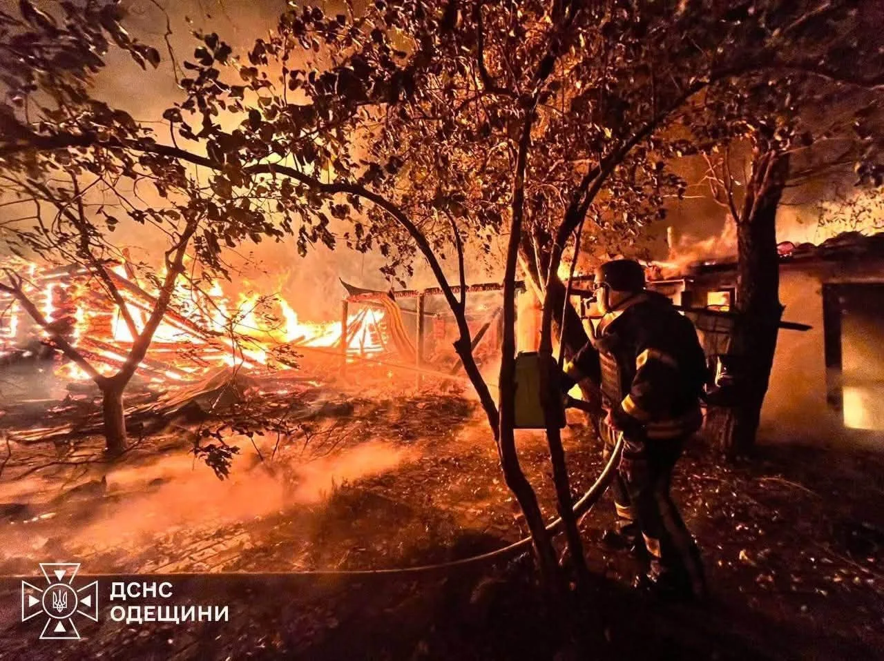 Рятувальник зі шлангом гасить нічну пожежу серед дерев поруч із палаючими будівлями