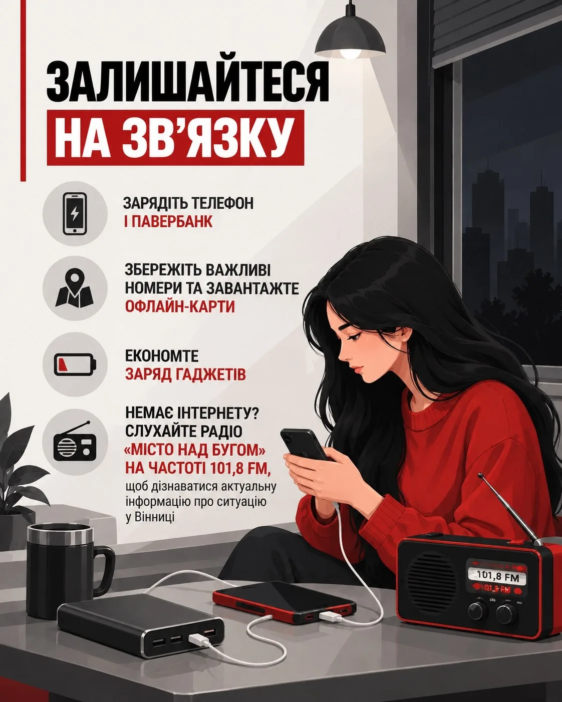 Ліхтарик, павербанк, пляшки з водою та консерви, підготовлені вдома у Вінниці на випадок відключення світла