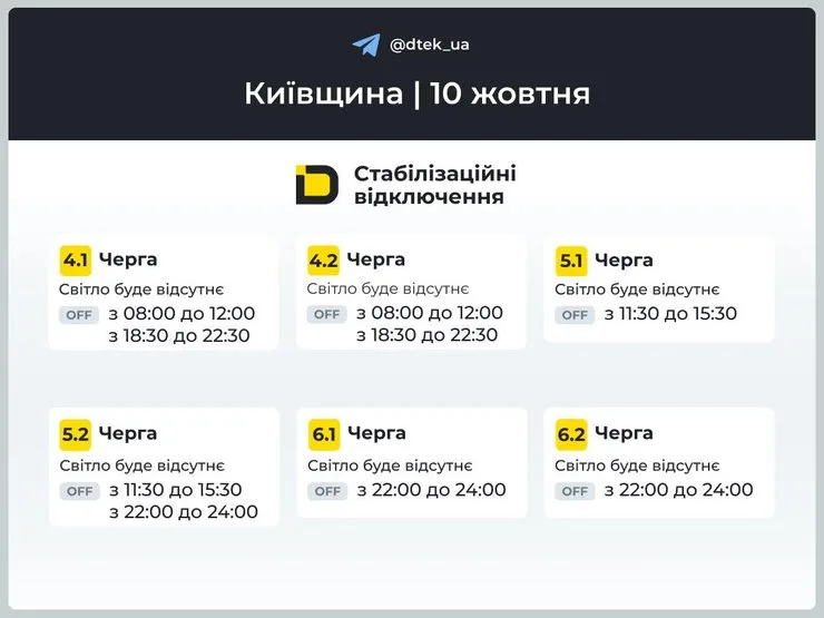 скрин сообщения ДТЭК о графиках для очередей 3–4 в Киевской области на 10 октября