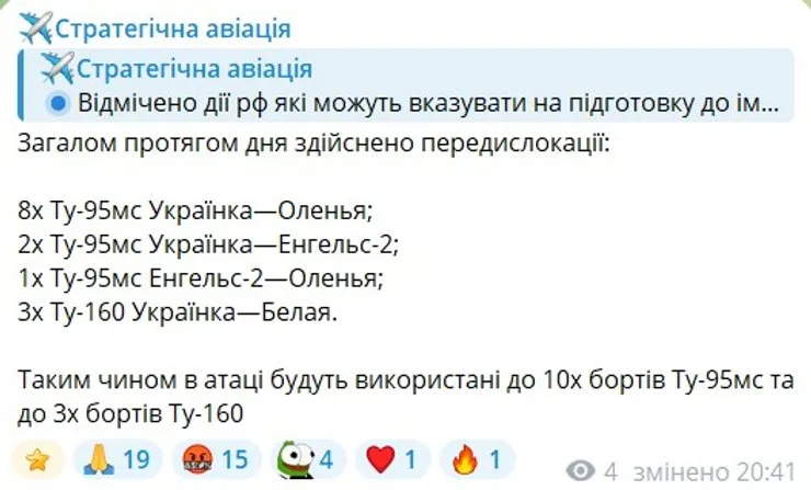 скрин сообщения об активности 11 Ту-95 и трех Ту-160