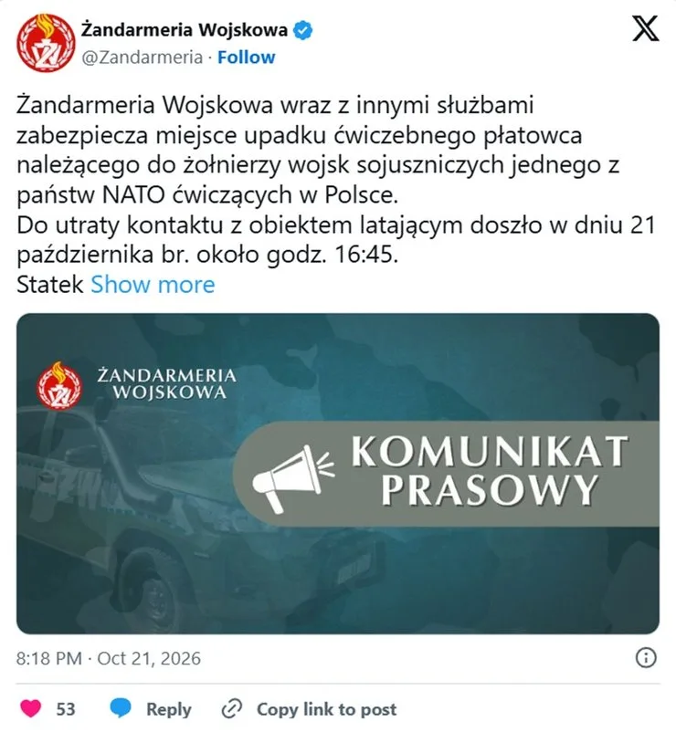 Сообщается, что норвежский беспилотник упал в польской деревне Виджа после потери связи; место происшествия охраняют военные службы