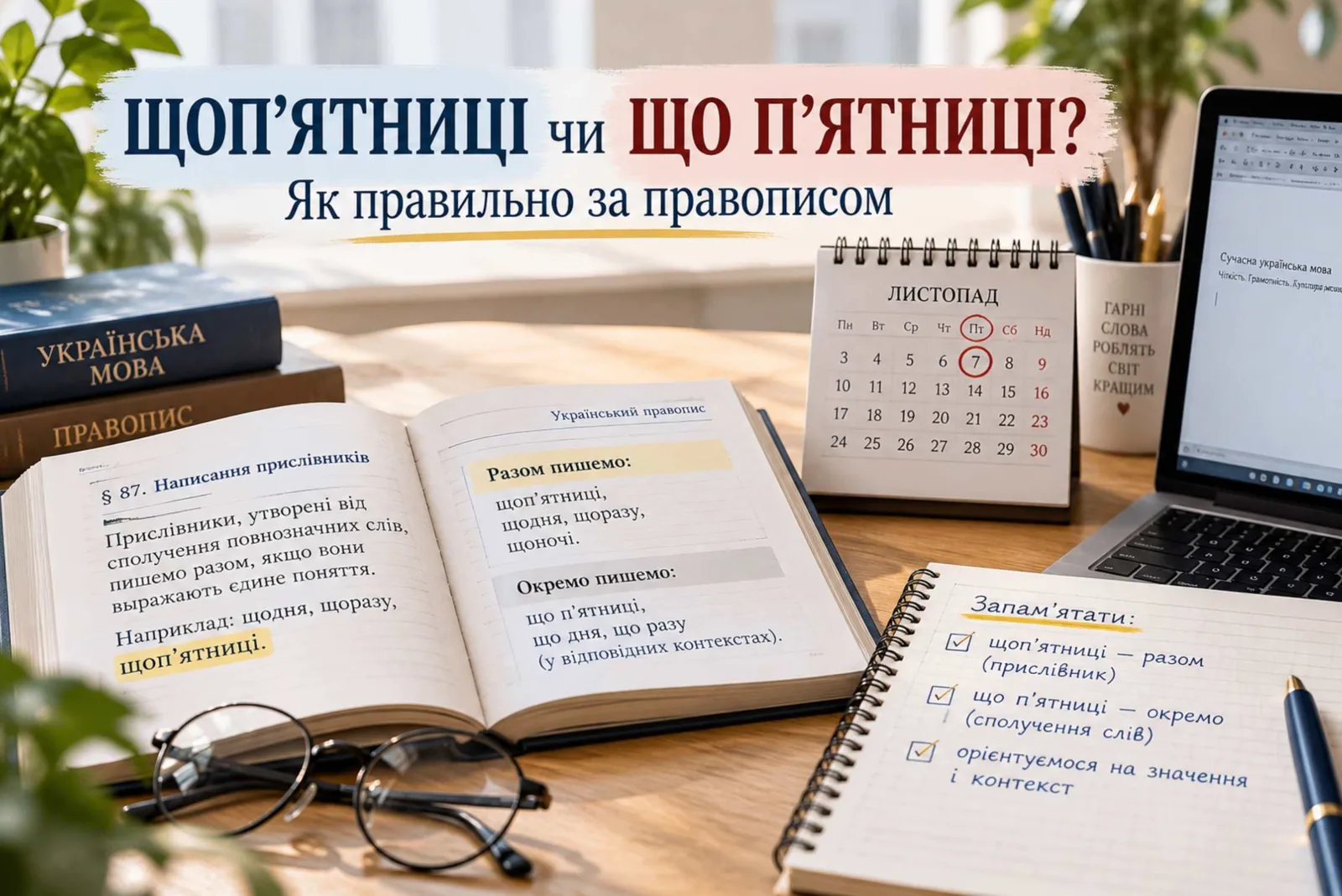 Як правильно — щоп’ятниці чи що п’ятниці: разом чи окремо, правило та приклади українського правопису