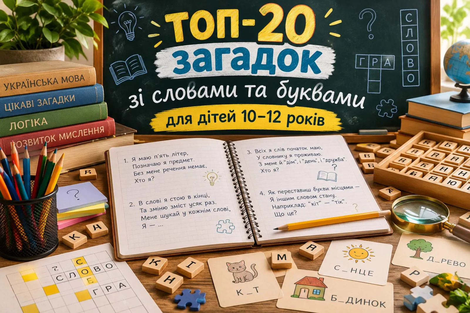 ТОП-20 загадок зі словами та буквами для дітей 10–12 років: цікаві мовні головоломки з відповідями