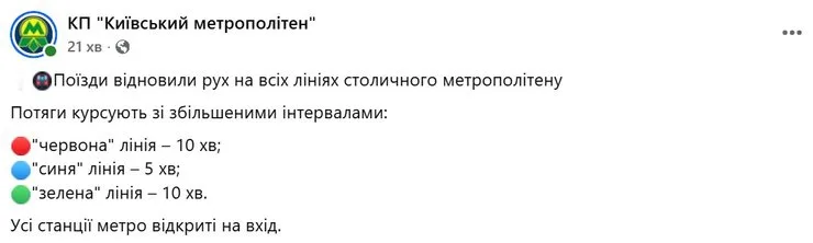 скриншот сообщения Киевского метрополитена о ситуации вечером 8 октября