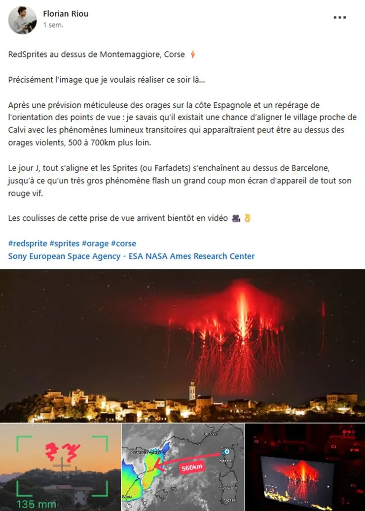 Фотограф Флориан Риу запечатлел редкие красные спрайты над Корсикой на фоне гроз над Испанией