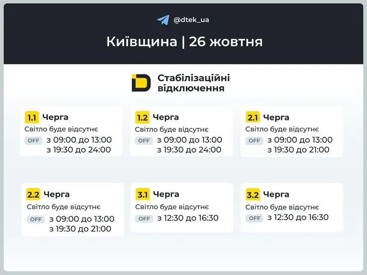 Графики отключений ДТЭК для Киевской области 26 октября