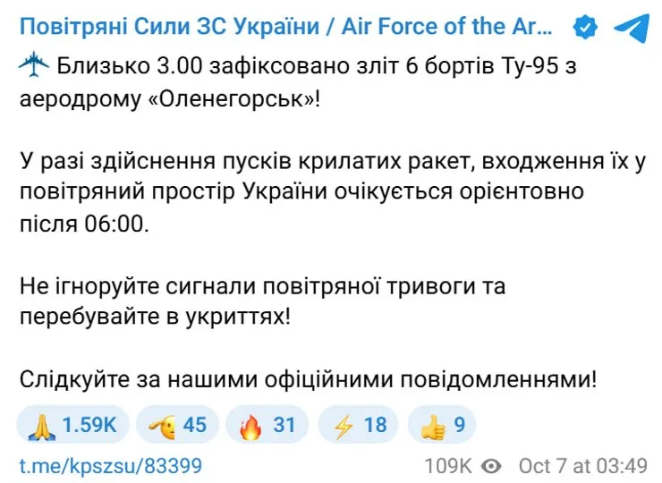 сообщение Воздушных сил о вылете Ту-95