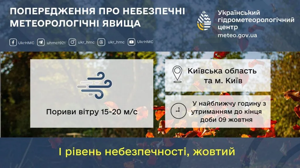 Укргідрометцентр: По обіді у Києві очікується сильний вітер, пориви 15-20 м/с