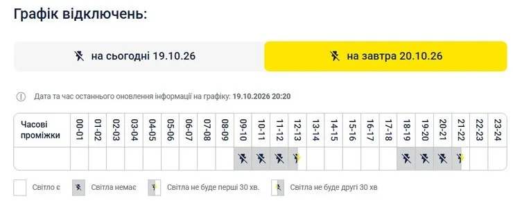 Данные ДТЭК о графиках отключения электричества в Киеве 20 октября