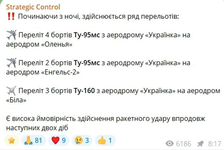 скрин сообщения о перемещениях Ту-95 и Ту-160