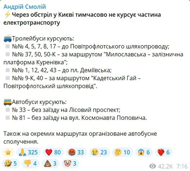 скрин сообщения о перебоях с транспортом в Киеве после удара РФ 14 октября