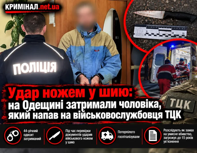 Удар ножем у шию: на Одещині затримали чоловіка, який напав на військовослужбовця ТЦК