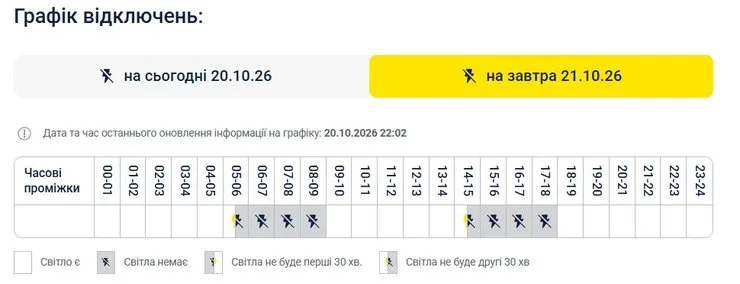 данные ДТЭК о графиках для Киева на 21 октября