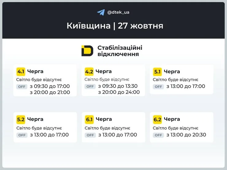 Графики отключений электроэнергии в Киевской области 27 октября