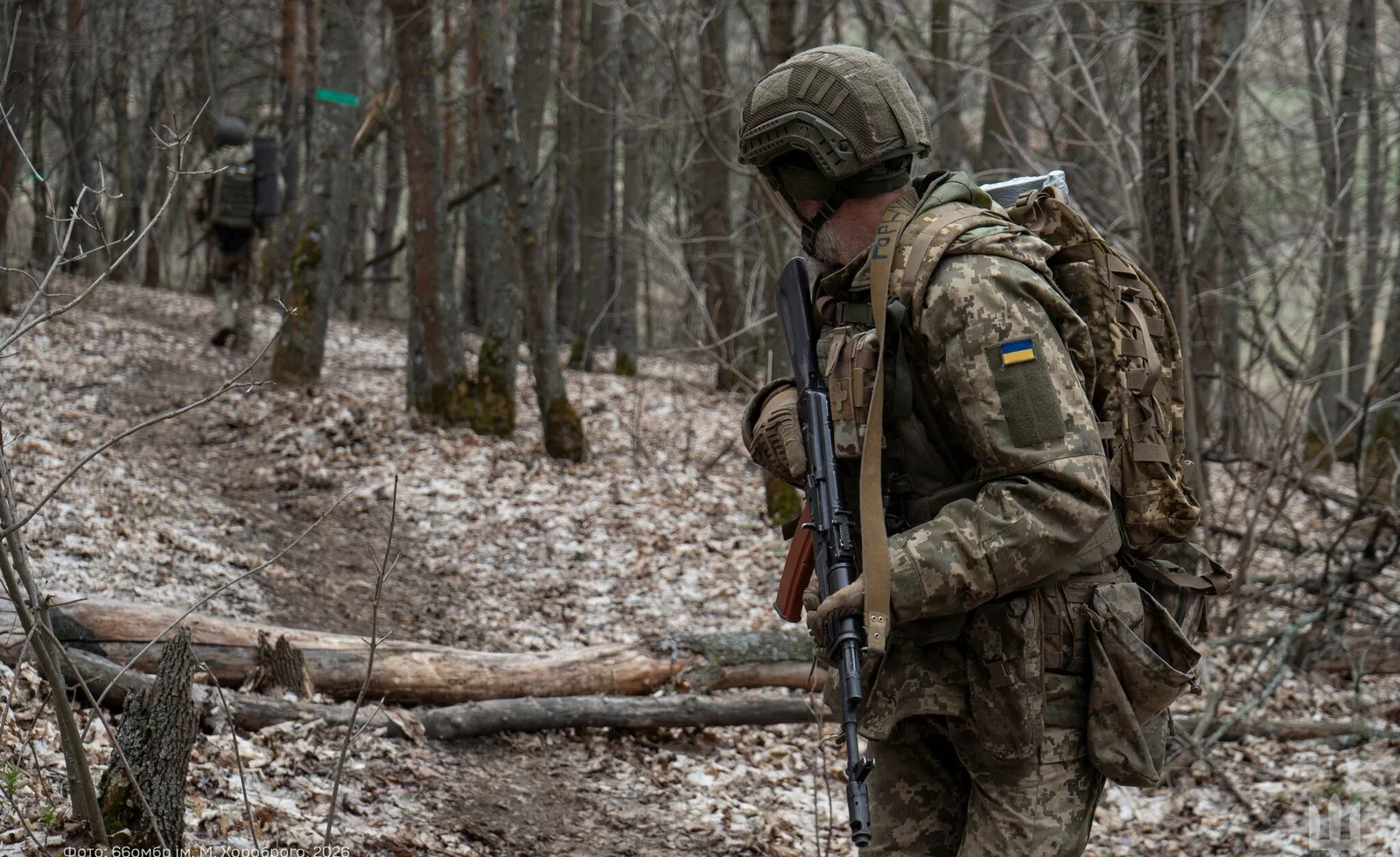 Український військовий у похмурому лісі