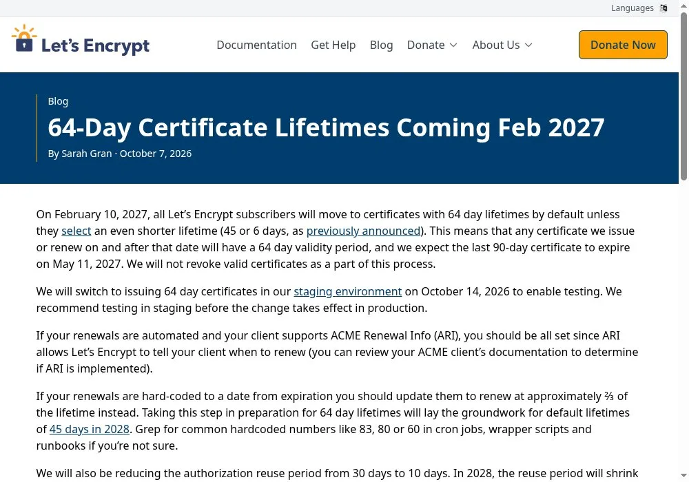 Let's Encrypt скорочує термін дії сертифікатів до 64 днів
