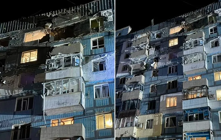 Последствия попадания российского ударного дрона в девятиэтажный жилой дом в Днепре