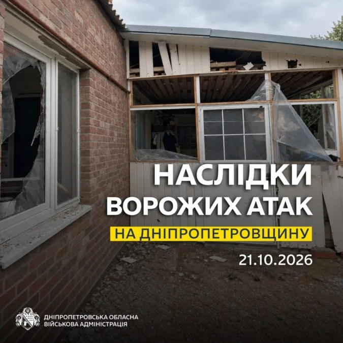 Одна людина дістала поранень: майже 30 разів ворог атакував три райони Дніпропетровщини - 21.10.2026 Одна людина дістала поранень: майже 30 разів ворог атакував три райони Дніпропетровщини - 21.10.2026