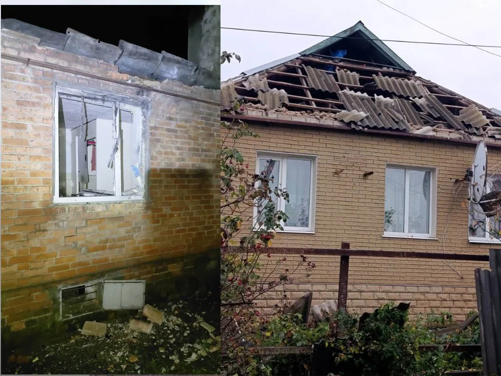 Колаж із двох фотографій пошкодженого приватного будинку. Ліворуч видно вибите вікно та уламки біля стіни, праворуч — пошкоджений дах із розбитим шифером.