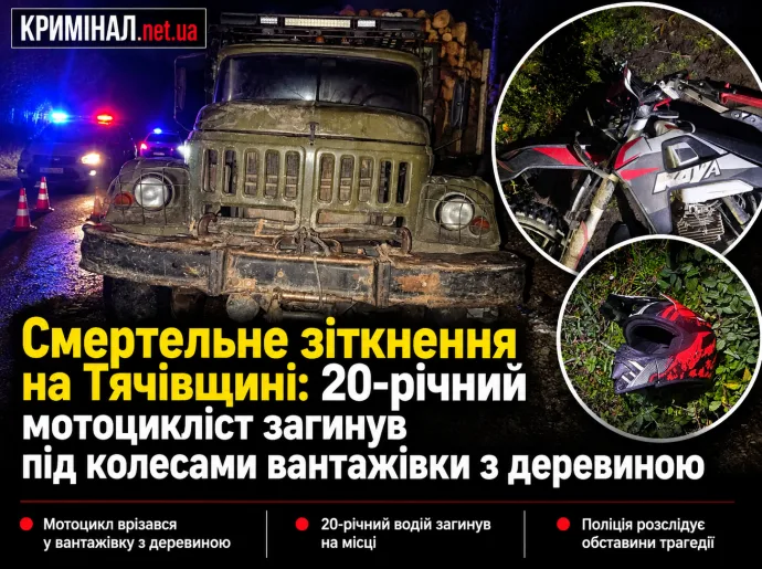 Смертельне зіткнення на Тячівщині: 20-річний мотоцикліст загинув під колесами вантажівки з деревиною