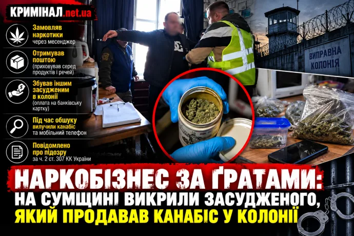 Наркобізнес за ґратами: на Сумщині викрили засудженого, який продавав канабіс у колонії