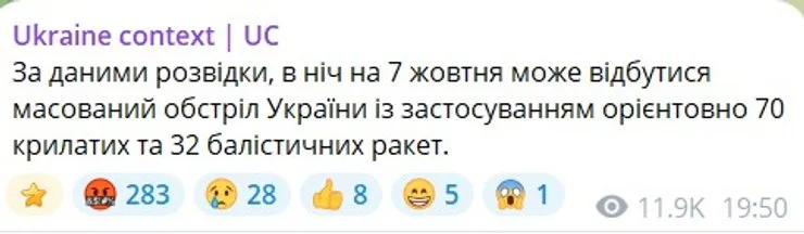 скрин предупреждение о 100 ракетах РФ в ночь на 7 октября