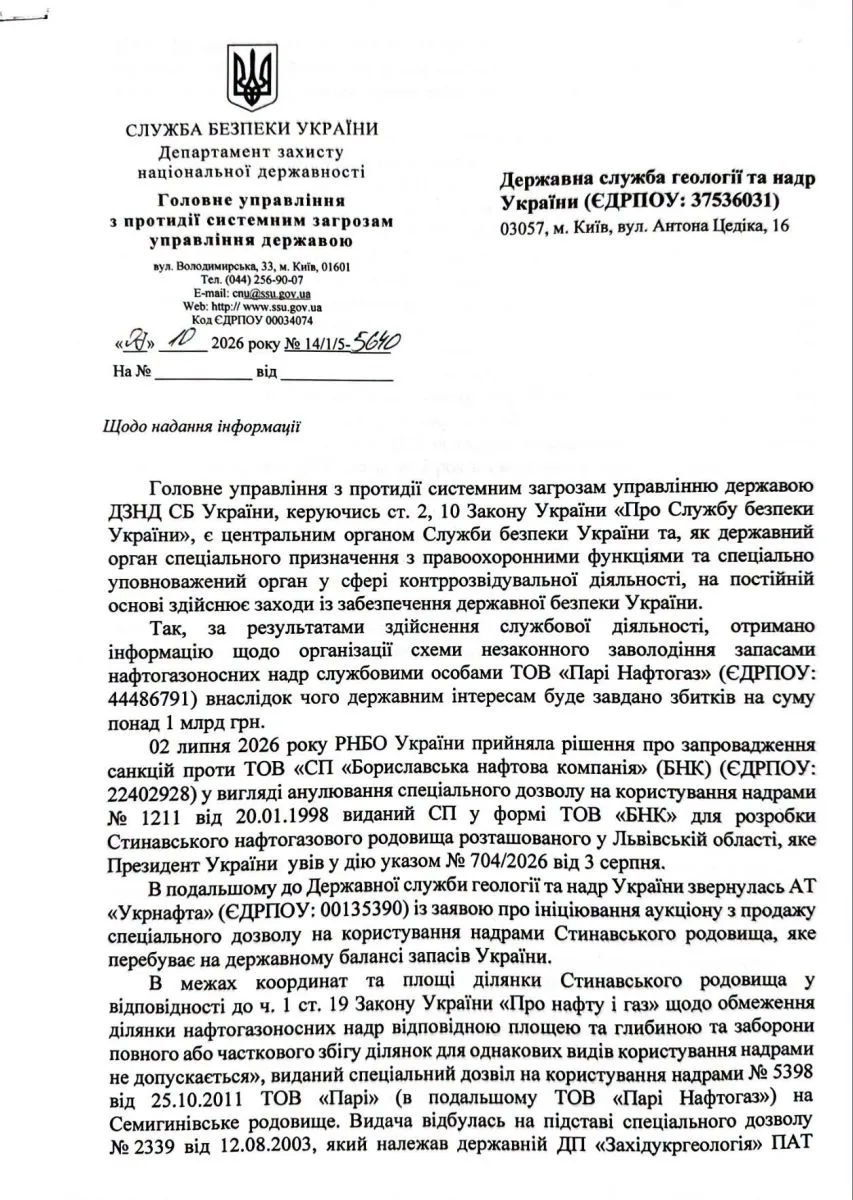 лист СБУ