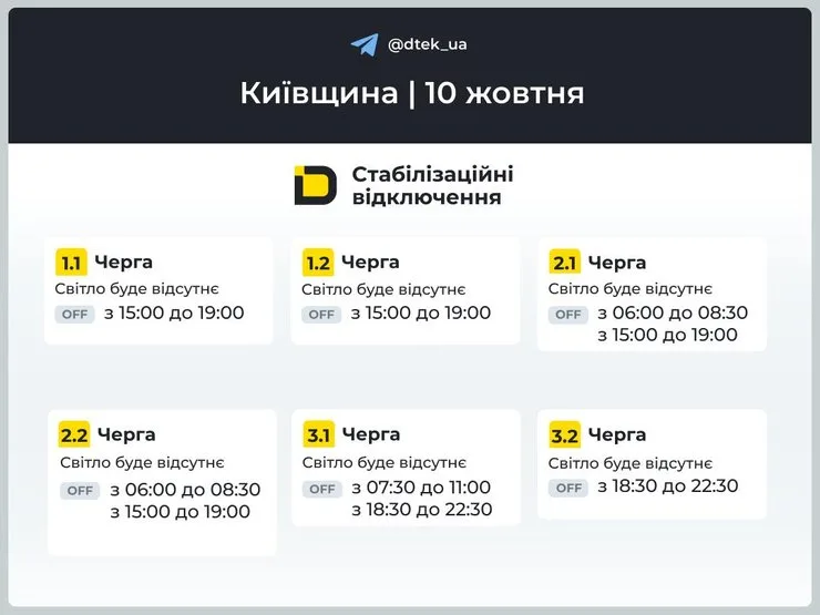 скрин сообщения ДТЭК о графиках для очередей 1–3 в Киевской области на 10 октября