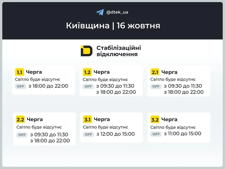 График отключений света в Киевской области
