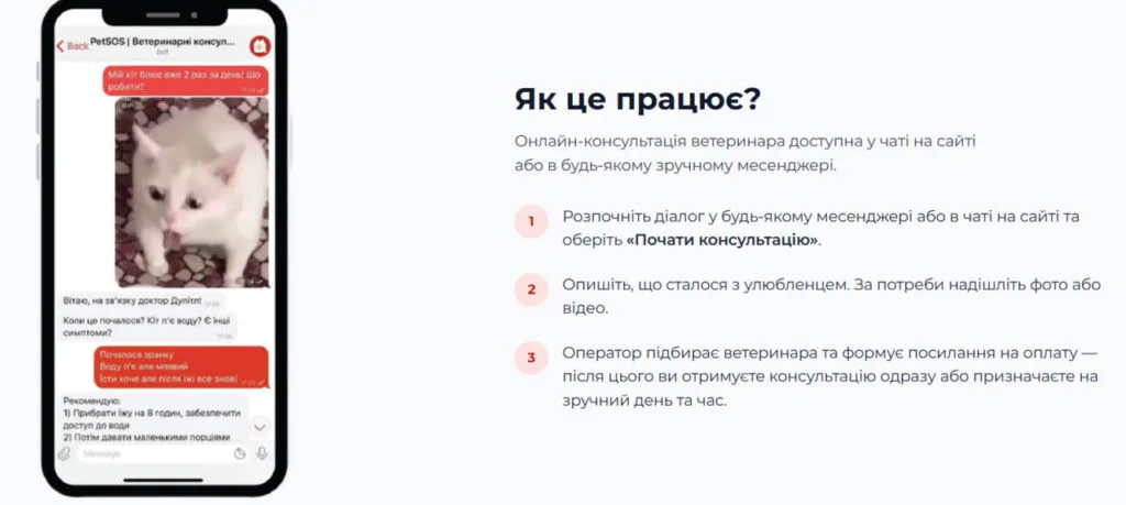 Головна сторінка онлайн-сервісу PetSOS з інформацією про цілодобові ветеринарні консультації та їхню вартість.