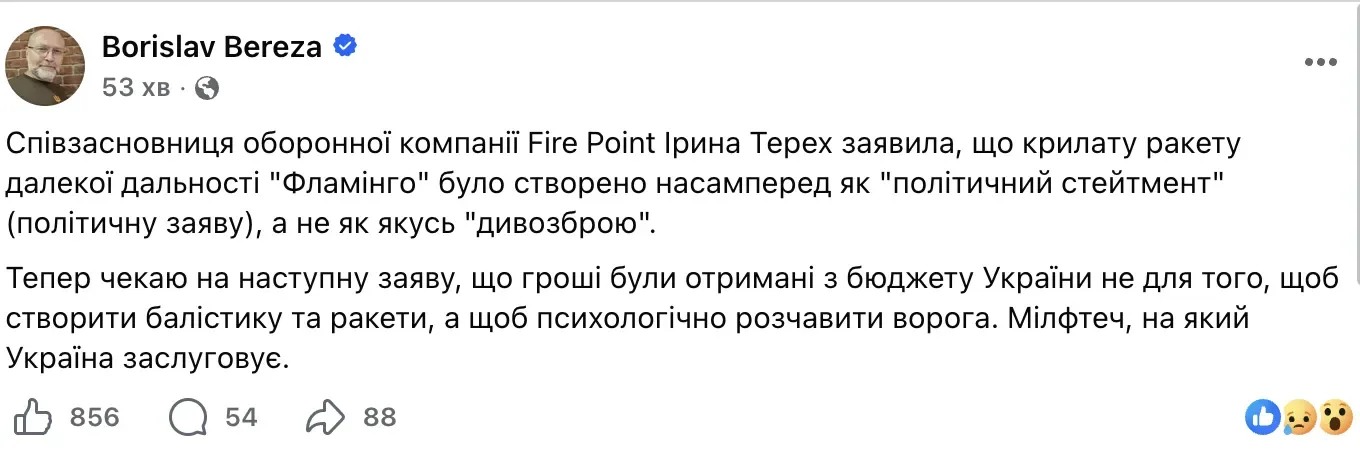 CEO Fire Point захейтили в соцмережах через заяву про ракету ''Фламінго''. Що насправді вона сказала