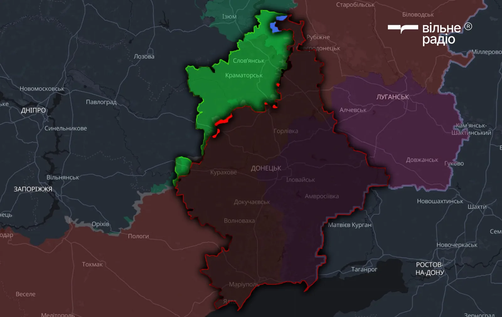 Яскраво-червоним позначено територію Донецької області, яку за вересень 2026 року захопила російська армія. Блакитний — яку звільнили ЗСУ у вересні 2026 року. Темно-червоний колір — частина Донецької області, яку контролювали окупанти до вересня 2026 року. Яскраво-зелений — підконтрольна українській владі територія