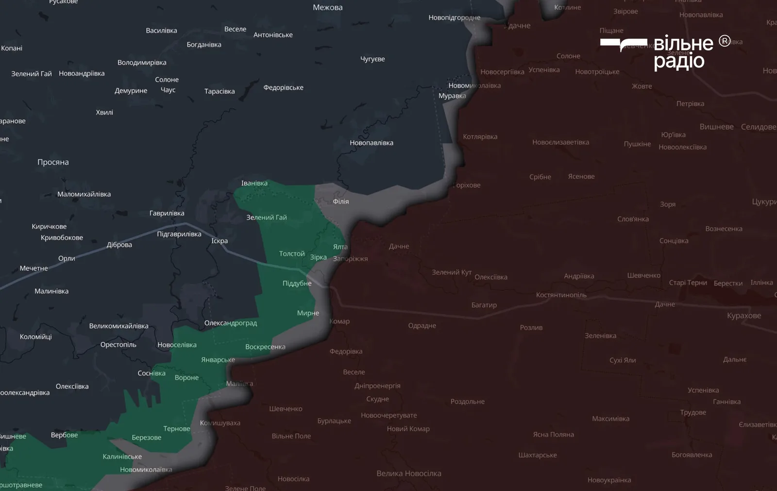Коричневий колір — територія на Олександрівському напрямку, яку контролює російська армія станом на кінець вересня 2026 року
