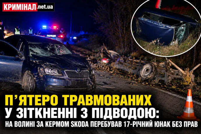 П’ятеро травмованих у зіткненні з підводою: на Волині за кермом Skoda перебував 17-річний юнак без прав