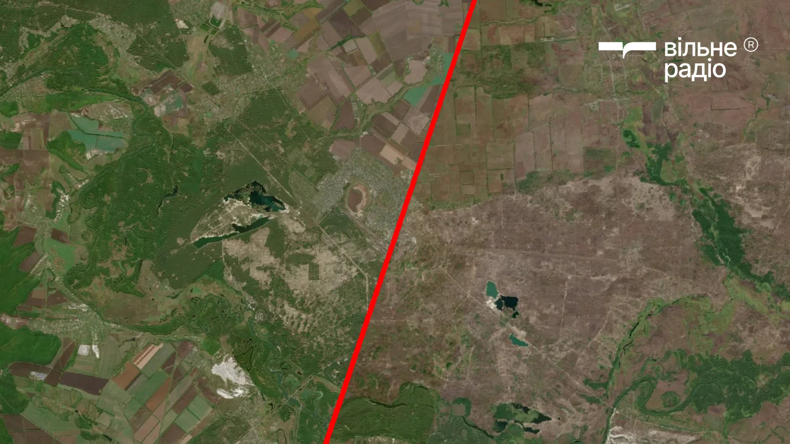 Супутникові знімки лісу навколо Лимана у вересні 2021 року (ліворуч) та у вересні 2026 року (праворуч)
