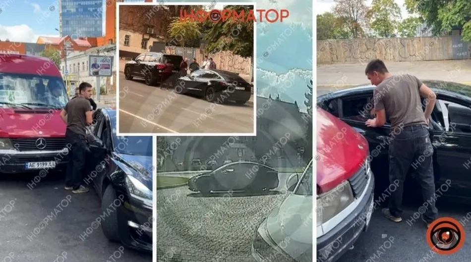 У Дніпрі водій Tesla дрифтував, врізався в маршрутку та ледь не влетів у зупинку