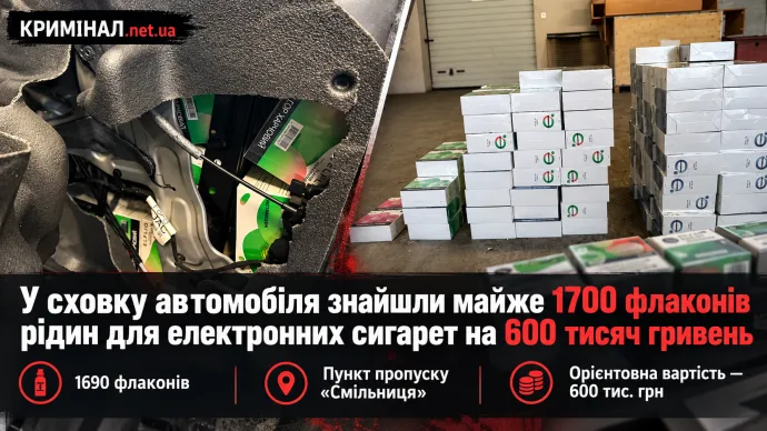 У сховку автомобіля знайшли майже 1700 флаконів рідин для електронних сигарет на 600 тисяч гривень