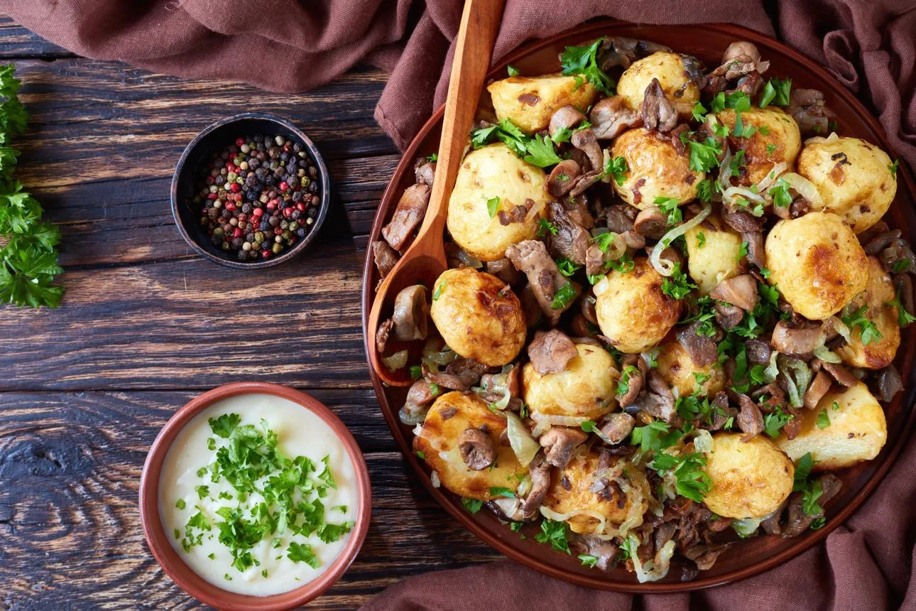 sauteed Potatoes with Wild Mushrooms, close-up