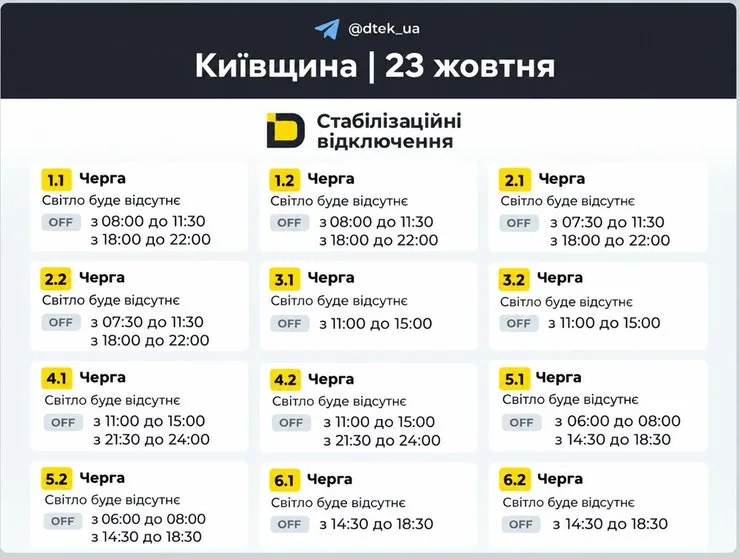 График стабилизационных отключений электроэнергии в Киевской области 23 октября для очередей 1.1–6.2 от ДТЭК