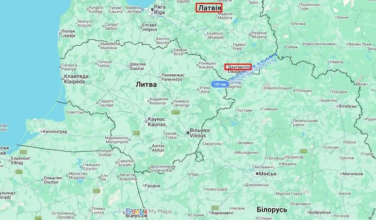 скриншот карты с границами Латвии и Беларуси