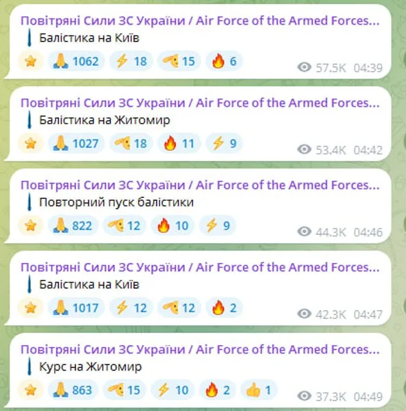 сообщение Воздушных сил о запусках баллистических ракет по Киеву и Житомиру